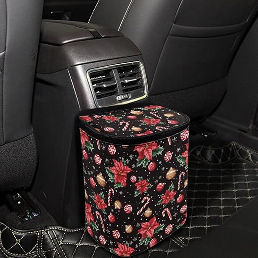 Poinsettia Flower Candy Cane Pattern Car Trash Can Leakproof Garbage Bag with Lid and Zipper 1.2Gal Trash Bin Hanging for Back Seat Christmas Car Decor
