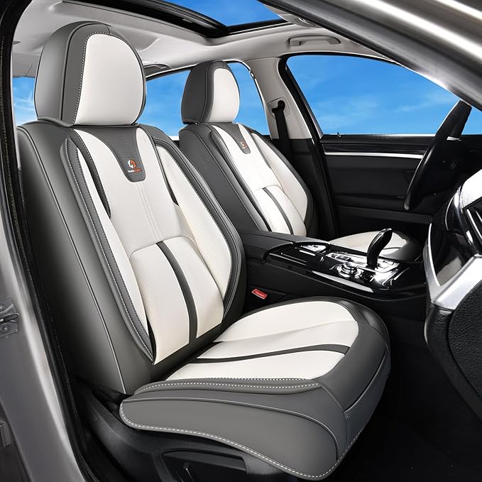 Huidasource Front Car Seat Covers Luxury Nappa Leather, Car Seat Covers Front Seats with Airbag, Front Storage Pocket, Lumbar Support Cooling＆Heating Universal Fit for Most Cars SUV Trucks, Gray&White
