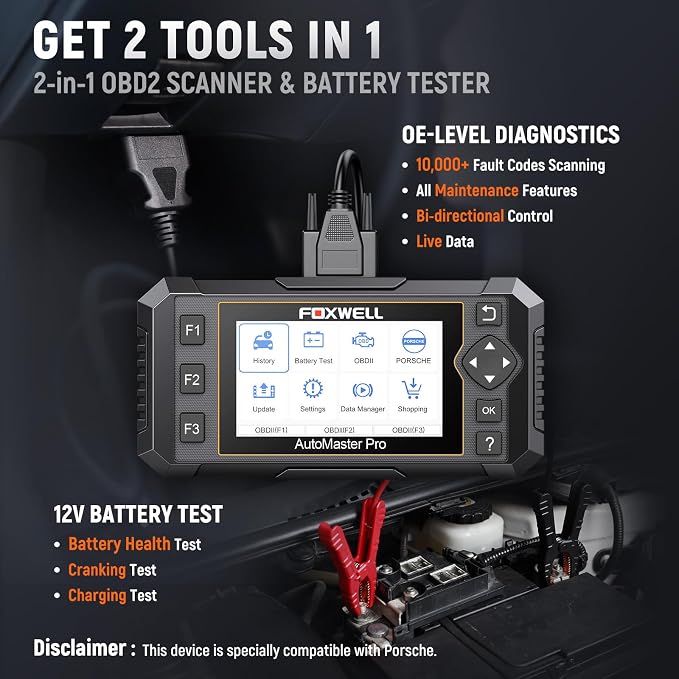 FOXWELL NT510 Pro OBD2 Scanner fit for Porsche, 2-in-1 Diagnostic Tool & 12V Battery Tester, Full System Bi-Directional Control Code Reader with All Resets, Oil Reset & Battery Registration Tool