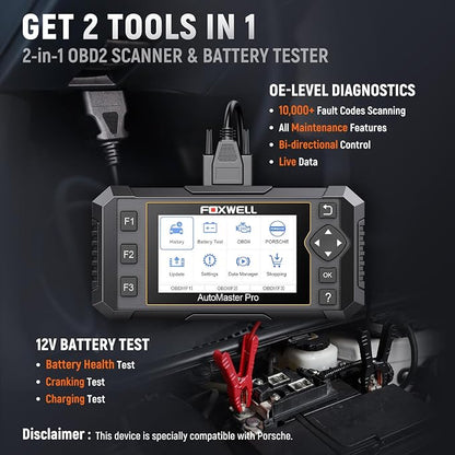 FOXWELL NT510 Pro OBD2 Scanner fit for Porsche, 2-in-1 Diagnostic Tool & 12V Battery Tester, Full System Bi-Directional Control Code Reader with All Resets, Oil Reset & Battery Registration Tool