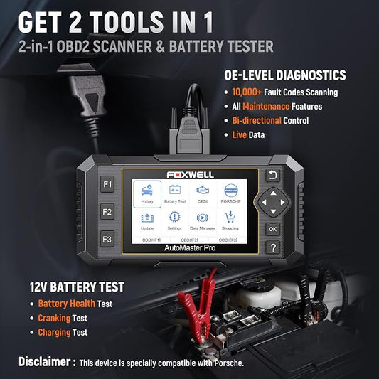 FOXWELL NT510 Pro OBD2 Scanner fit for Porsche, 2-in-1 Diagnostic Tool & 12V Battery Tester, Full System Bi-Directional Control Code Reader with All Resets, Oil Reset & Battery Registration Tool