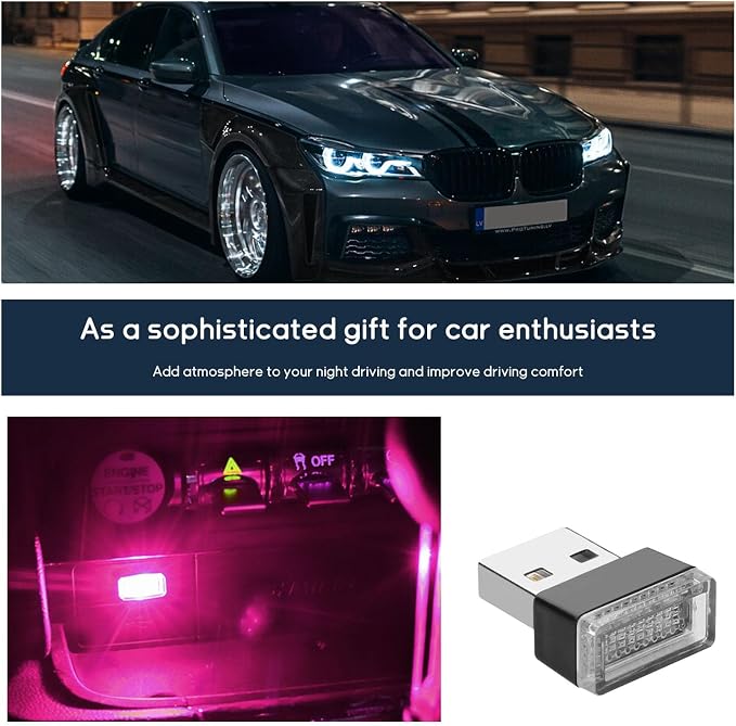 Dickno 4 PCS USB LED Car Interior Atmosphere Lamp, Portable Mini LED Ambient Night Light, Plug-in USB Interface Decor Lighting Kit, Universal Vehicle Interior Accessories (Pink)