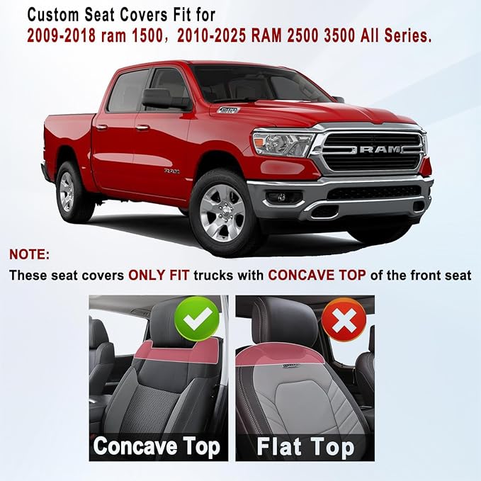 Huidasource Front Seat Covers for Dodge Ram 1500, 2Pcs Waterproof Leather Seat Cushion Covers Custom Fit for 2009-2025 Ram 1500, 2010-2025 Ram 2500/3500 Crew Cab/Mega Cab (Concave Front/Black)