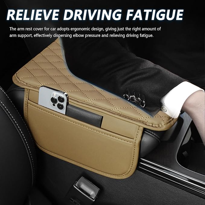 Stacool Upgraded Car Center Console Cover,Microfiber Leather Car Armrest Cover Cushion with 2 Storage Bags,Universal Car Armrest Storage Box (Beige)