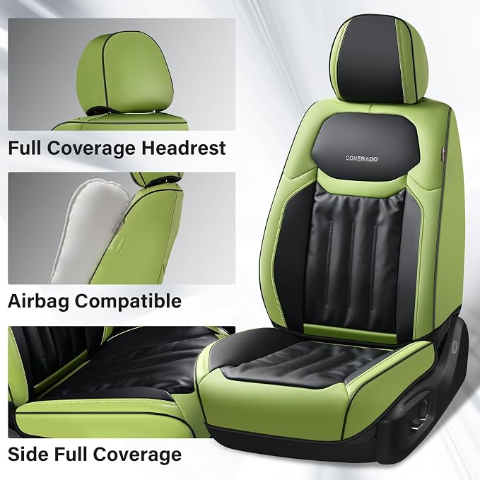 Coverado Full Set Car Seat Covers, Nappa Leather Seat Covers for Cars 5 Seats, Waterproof Car Seat Protector, Universal Fit for Most Sedans SUV Pick-ups Trucks, Green&Black