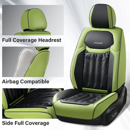 Coverado Full Set Car Seat Covers, Nappa Leather Seat Covers for Cars 5 Seats, Waterproof Car Seat Protector, Universal Fit for Most Sedans SUV Pick-ups Trucks, Green&Black