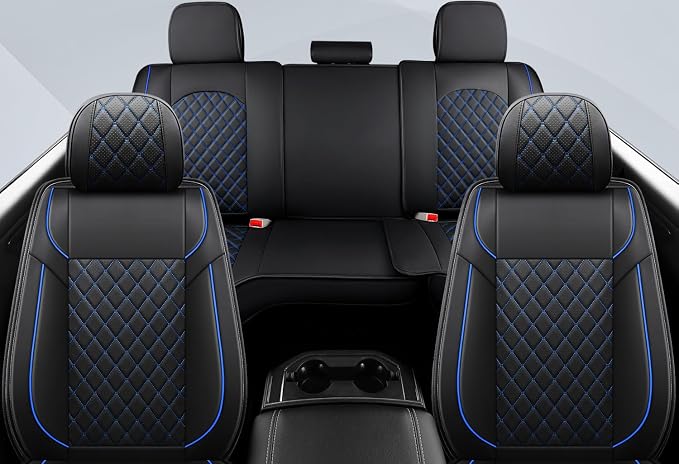 FREESOO Car Seat Covers Full Set for Dodge Ram 2002-2018 1500 & 2011-2026 2500 3500 Crew Quad Cab, 2019-2024 Ram 1500 Classic Leather Seat Cover, with Curved Bench, Black Blue