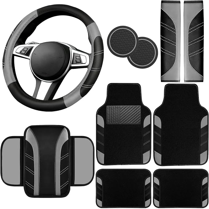 NBTEPEM 10 Pcs Car Floor Mats Full Set & Sport Leather Steering Wheel Cover 14.5-15 inch, Center Console Cover, Seat Belt Cushion, Cup Holder Coaster, Universal Automobile Interior Sets (Grey)