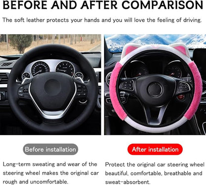 Bittwee Car Steering Wheel Cover, Fluffy Soft Plush for Winter Warm, Cute Steering Wheel Protector with Kitty Cat Ears, Universal 15 Inch, Elastic & Anti-Slip, Lovely Decor Car Accessories (Rose Red)