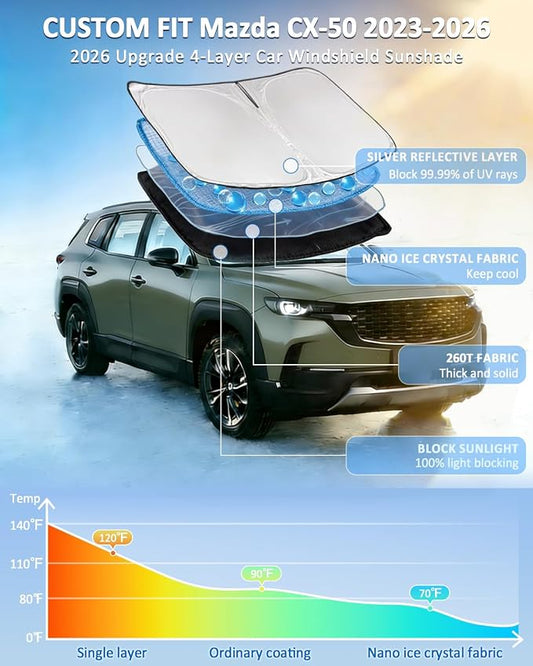 Windshield Sunshade for Mazda CX-50 2023-2026 Sun Shade Car Windshield Accessories Upgrade 4 Layers Blocks UV Rays Custom Fit CX-50 Car Window Shade Front Windshield Keep Cool Foldable