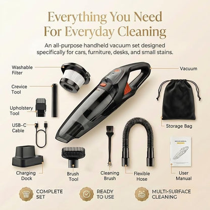 Handheld Vacuum Cordless, 25000Pa Powerful Suction Car Vacuum Portable Cordless with 8000mAh Battery & LED Light, Hand Held Vacuum Rechargeable with HEPA Filters, Home, Car Seats, Pet Hair Orange
