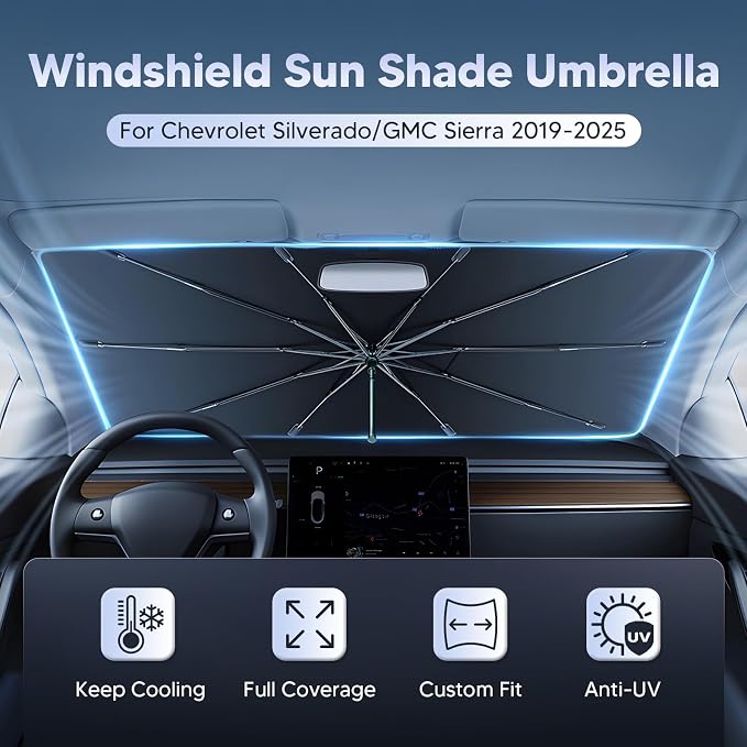 Autorder Windshield Sun Shade Umbrella for 2019-2026 Chevrolet Chevy Silverado/GMC Sierra 1500 2500 3500 Accessories, Upgraded Ice Crystal Material, Umbrella Sunshade for Car Windshield Sun Blocking
