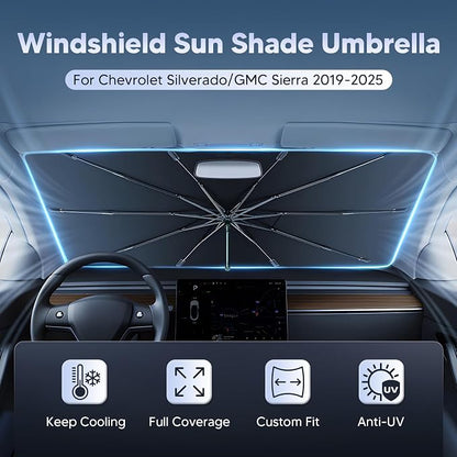 Autorder Windshield Sun Shade Umbrella for 2019-2026 Chevrolet Chevy Silverado/GMC Sierra 1500 2500 3500 Accessories, Upgraded Ice Crystal Material, Umbrella Sunshade for Car Windshield Sun Blocking
