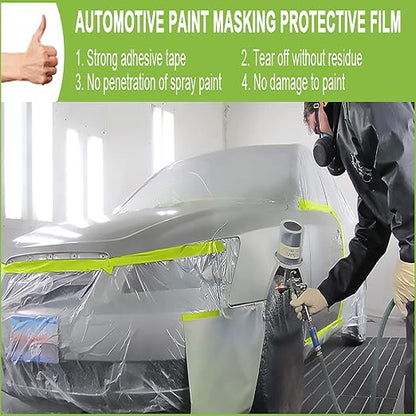 Pre-Taped Masking Film-55inx65ft Tape and Drape Painters Paper Rolls, Plastic Painting Film for Automotive Painting Covering （Masking Film:3rolls,Tape:2rolls）