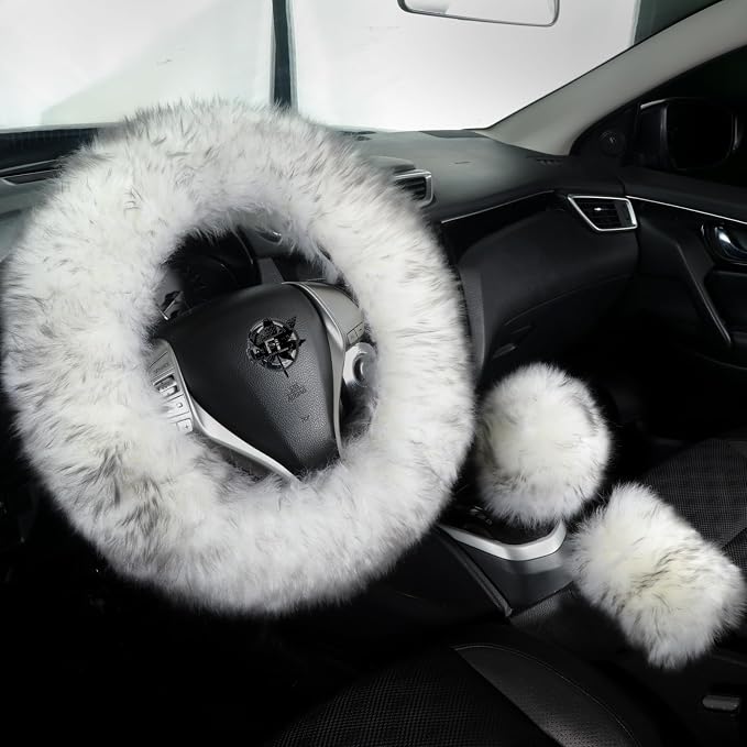 Fuzzy Genuine Sheepskin Steering Wheel Cover Set for Women Parents-Fluffy Soft Australian Merino Wool Fur Wrap with Gear Shift and Hand Brake Covers, Cozy Stylish Luxury Car Accessories (Wolf Tipped)