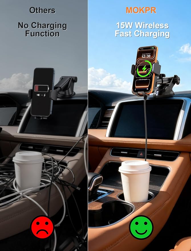 MOKPR Wireless Car Charger, Auto Clamping Car Charger Dash Windshield Air Vent Phone Holder Compatible with iPhone 17 16 15 14/13/13 Pro/12 pro/12/11/X/8, Samsung S24/S23/S22