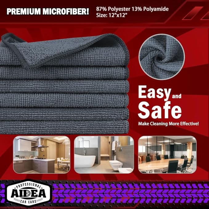 AIDEA Microfiber Cleaning Cloth Grey, 800PK, Microfiber Towels for Cars, Shop Towels Cleaning Rags, Premium Wash Cloths, Absorbent Towel for SUVs, House, Kitchen, Commercial, Cleaning Supplies 12×12"