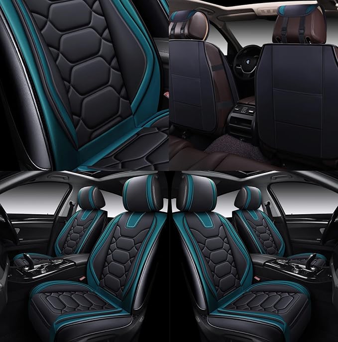 OASIS AUTO Car Seat Covers Front Seats, Sporty Honeycomb Waterproof Faux Leather Protectors, Universal Fit for SUV, Sedan, Truck Interior Accessories (OS-004 Black&Teal)