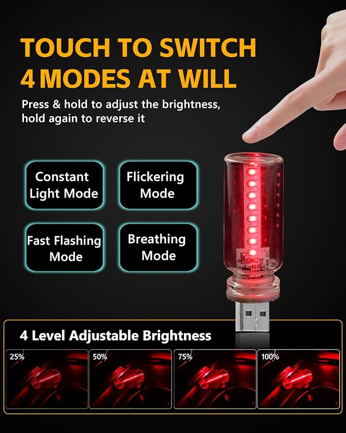 2PCS USB Lights for Car, Retro LED Car Interior Lamp Ambient Lighting, Universal USB Plug Lights for Cars, bedrooms, Camping, Parties, Clear Glass Bottle Decorative Night Light, Red Light