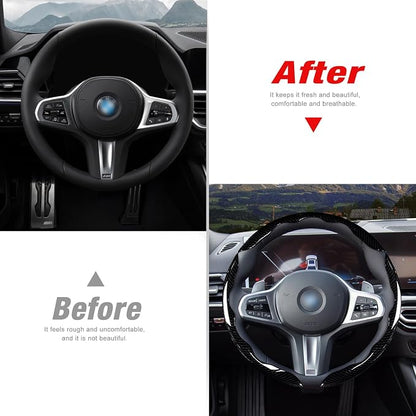 Car Steering Wheel Cover Set Bright Carbon Fiber Wrap Non-Slip 3pcs Steering Wheel Accessories 14.5-15 inch Universal (Black)