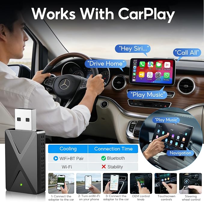 Wireless CarPlay Adapter Convert Factory Wired CarPlay to Wireless, Zero Latency, Mini Plug & Play Design with Stable Connection USB-A/Type-C for iOS 10+ & 2016+ Cars, Black