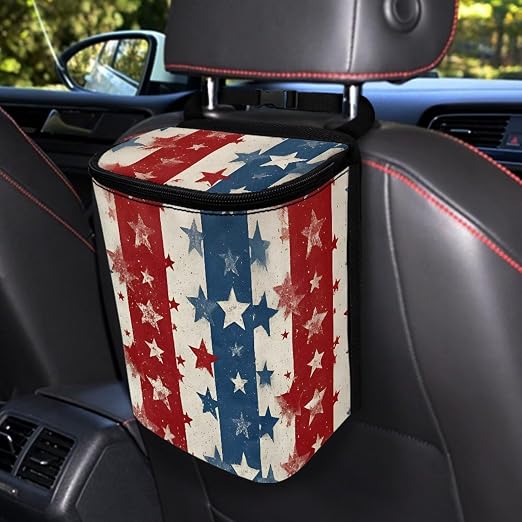 Talayituse American Flag Star Print Car Trash Can Portable Auto Garbage Bin Multifunctional Vehicle Interior Accessories with Adjustable Straps 4th of July Decor Universal Fit Truck SUV Sedan