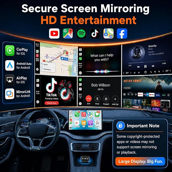 2026 4-in-1 CarPlay Adapter Wireless CarPlay + AirPlay + Android Auto + MirrorLink | Plug-&-Play for iPhone 10+ & Android 11+ | USB-A & Type-C Dual Ports (Black)