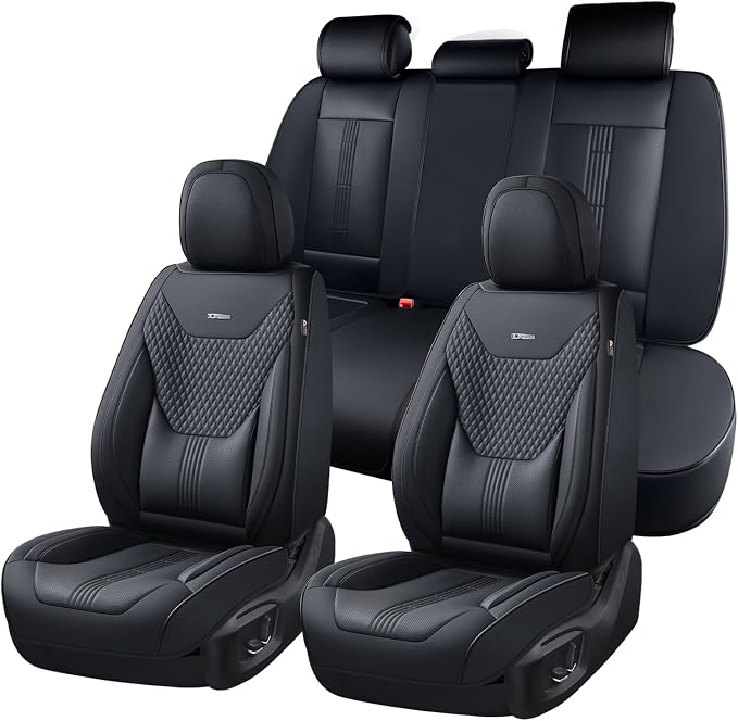 Coverado Car Seat Covers Full Set, Front Seat Covers with Lumbar Support and Back Seat Cover Waterproof Leather Automotive Seat Cover, Universal Car Interior Protectors Cushion for Most Cars