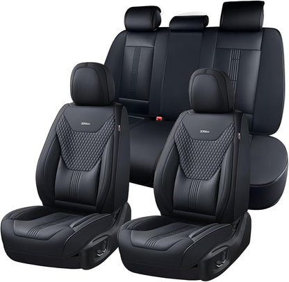 Coverado Car Seat Covers Full Set, Front Seat Covers with Lumbar Support and Back Seat Cover Waterproof Leather Automotive Seat Cover, Universal Car Interior Protectors Cushion for Most Cars