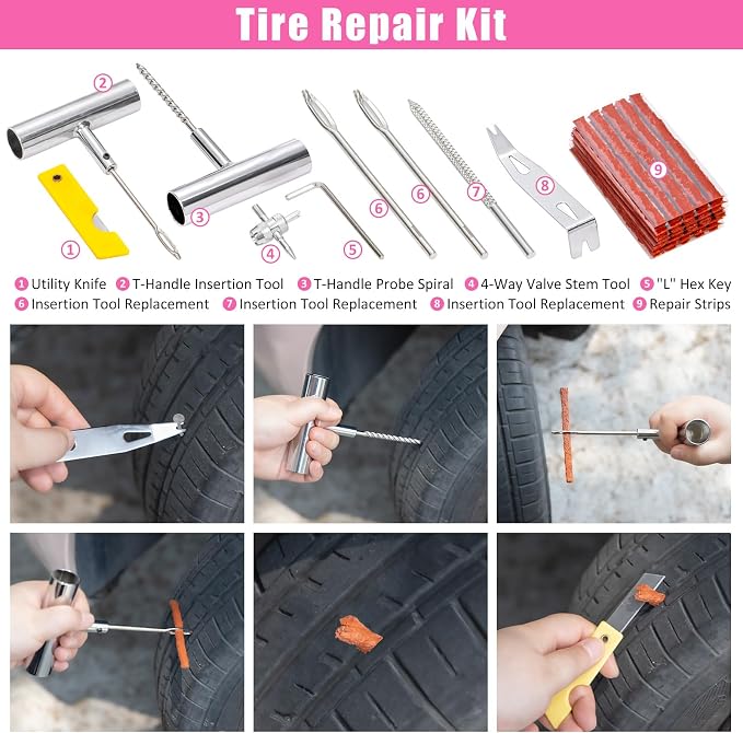 Car Roadside Emergency Kit, Vehicle Truck Safety Emergency Road Side Assistance Kits with Jumper Cables, Pink