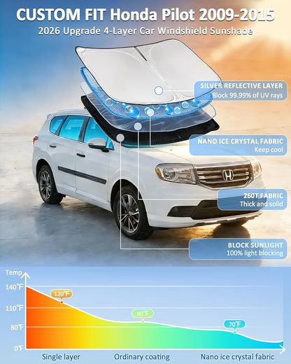Windshield Sunshade for Honda Pilot 2009-2015 Sun Shade Car Windshield Accessories Upgrade 4 Layers Blocks UV Rays Custom Fit Pilot Car Window Shades Front Windshield Keep Cool Foldable
