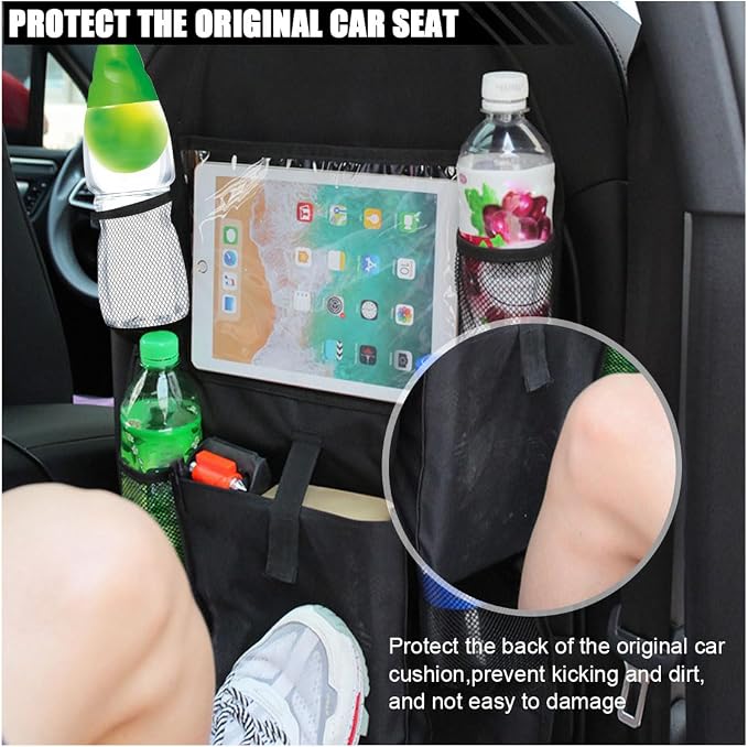 Car Backseat Organizer with Clear 10" Tablet Holder + 5 Storage Pockets - Seat Back Protector Kick Mats for Kids - Car Back Seat Storage Organizer - Road Trip Essentials Travel Accessories (1PC)