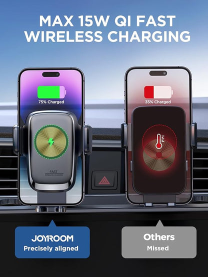 JOYROOM Wireless Car Charger, 15W Fast Charging Auto Clamping Car Phone Holder Charger, Air Vent Car Phone Holder Mount for iPhone 17/16/15 Pro Max Air, Galaxy S26/25 Ultra, Pixel 10 Pro and More