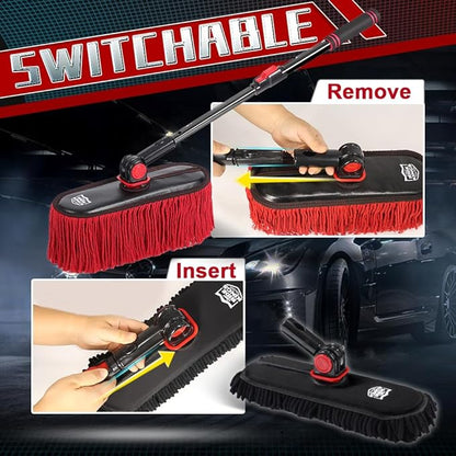 Car Duster Exterior with Extendable Handle, Scratch Free Auto Wash Brush Mop, Interior Detailing Kit for Truck RV Boat - 2in1-2 Heads (Chenille & Wax Cotton) with 1 Pole, Red Black