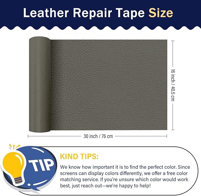 Zenyao Leather Repair Patch Tape - Self Adhesive Leather Repair Kit for Car Seat Furniture, Heavy Duty Vinyl Repair Patch for Couch Sofa, Waterproof Fix for Tears, 16x30 Inch Roll, Light Grey