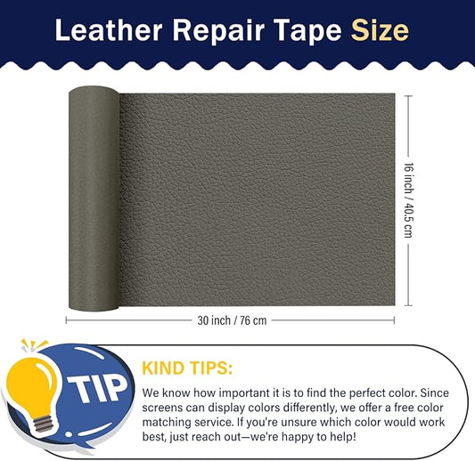 Zenyao Leather Repair Patch Tape - Self Adhesive Leather Repair Kit for Car Seat Furniture, Heavy Duty Vinyl Repair Patch for Couch Sofa, Waterproof Fix for Tears, 16x30 Inch Roll, Light Grey