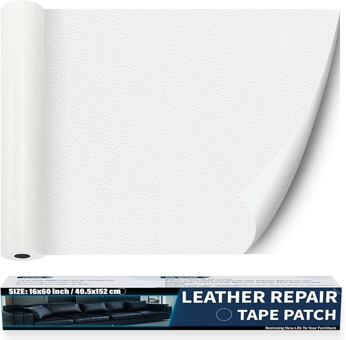 Zenyao Leather Repair Patch Tape - Self Adhesive Leather Repair Kit for Car Seat Furniture, Heavy Duty Vinyl Repair Patch for Couch Sofa, Waterproof for Rips Scratches Tears, 16x60 Inch Roll, White