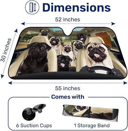 GENANY Cute Pug Dog Family Funny Windshield Sun Shade for Car SUV Truck (55x30 Inches), Sun Shade Windshield, Shades for Front Windows, Protector Blocks UV, Spring Car Decor