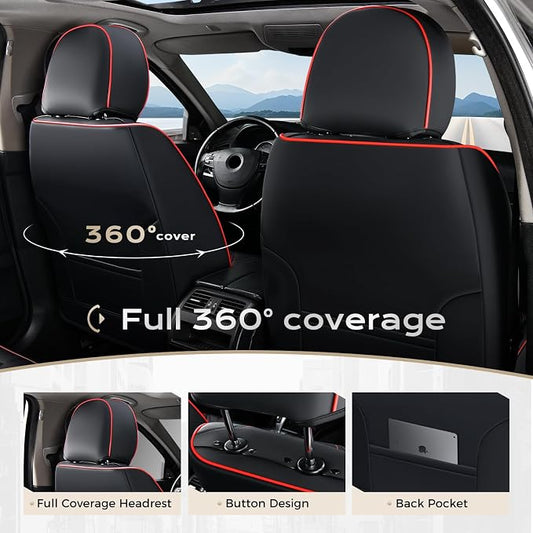 Coverado Car Seat Covers, Front Covers for Cars, Car Seat Cover Front Seats, Automotive Seat Cover, Waterproof, Leather Car Seat Cushion, Universal Interior Seat Protectors for Most Cars Black-Redline
