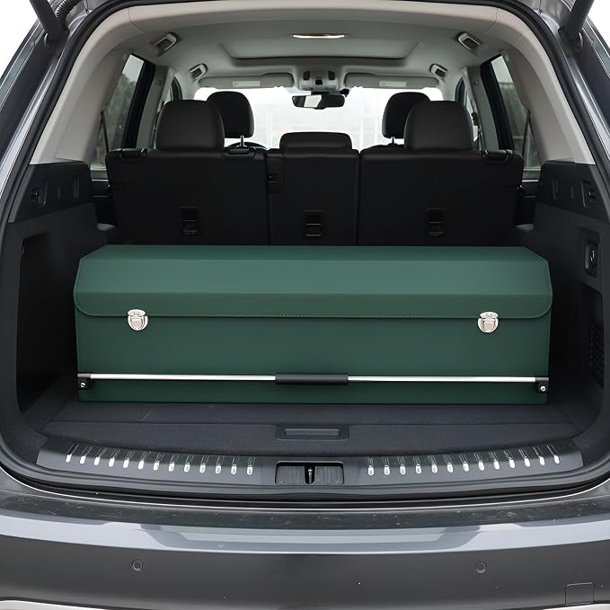 Car Trunk Organizer, Leather Car Trunk Storage Organizer with Lid and Sturdy Handle Car Organizer Storage Box Suv Trunk Organizer (Green, 40.5 x 11.4 x 12.2in)
