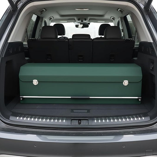 Car Trunk Organizer, Leather Car Trunk Storage Organizer with Lid and Sturdy Handle Car Organizer Storage Box Suv Trunk Organizer (Green, 40.5 x 11.4 x 12.2in)