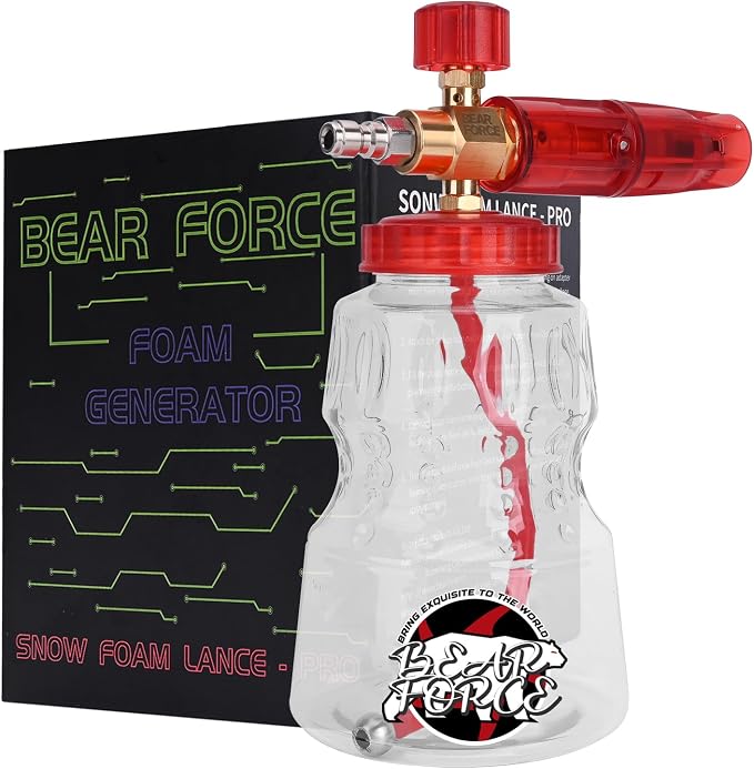 BEAR FORCE Pressure Washer Brass Foam Cannon Foam Generator Snow Foam Lance with 1/4” Quick Connector & 1.25mm & 1.10mm Orifice Nozzle, 360° Adjustable Thicker Snow Foam with 32 oz Soap Car Wash