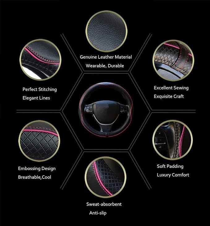 Car Steering Wheel Cover, Anti-Slip, Safety, Soft, Breathable, Heavy Duty, Thick, Full Surround, Sports Style (Black with Pink Line)