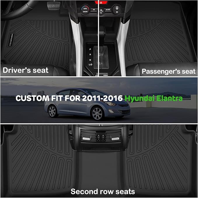 Floor Mats for 2011-2016 Hyundai Elantra Upgrade Trunk Mat All Weather TPE Floor Liners Fit for Hyundai Elantra 1st & 2nd Row and Cargo Liner Anti-Slip Full Set Car Mats(Not Fit GT or Touring Models)