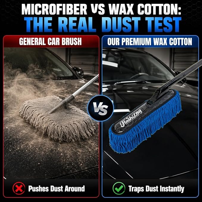 Flash Dog Car Duster Exterior & Interior Set – No Dust Scattering Auto Duster Brush with Wood Handle & Mini Brush, Wax-Treated Cotton Head, Scratch-Free Dust Remover for Car, Truck, SUV