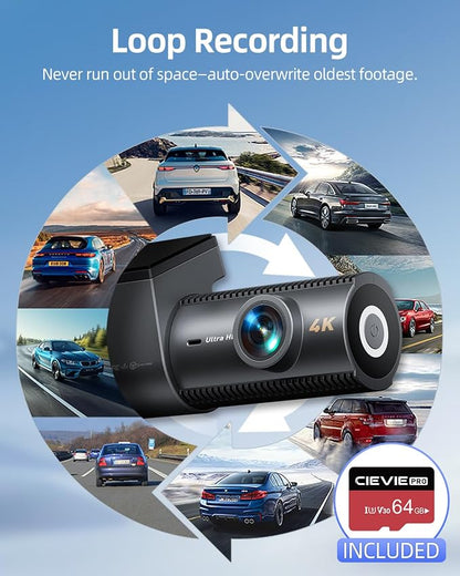 4K Dash Cam Front and Rear, 64GB SD Card, 1.5” IPS Display Car Camera, 5Ghz WiFi+App Control, Night Vision, 24H Parking Mode, G-Sensor, WDR, 170° Wide Angle, 4K+1080P Dual Dash Camera for Cars