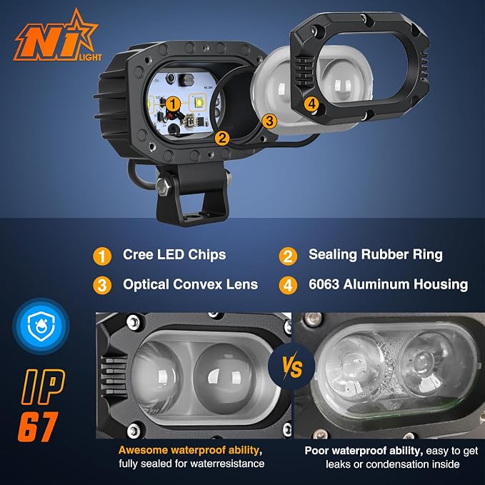 Nilight LED Pod Light 48W 4 Inch 2 PCS White Spot Beam Driving Lights IP67 Waterproof Auxiliary Offroad Lighting for Truck Tractor SUV ATV UTV Golf Cart Boat Motorcycle Dirt Bike