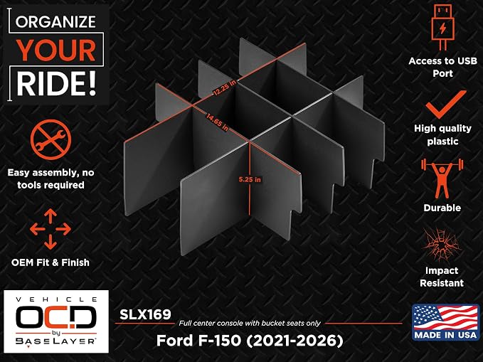 Vehicle OCD - Center Console Organizer for Ford F150 (2021-2026) (Full Console w/Bucket Seats ONLY) - Made in USA - Select 2024-2026 Models - SLX169