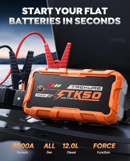 TREKURE Portable Car Jump Starter 8000A 26800mAh, Car Battery Jump Starter for All Gas and 12L Diesel Engines, Battery Jumper, Portable Jump Box Car Battery with Fast Charge, LED Light - Orange