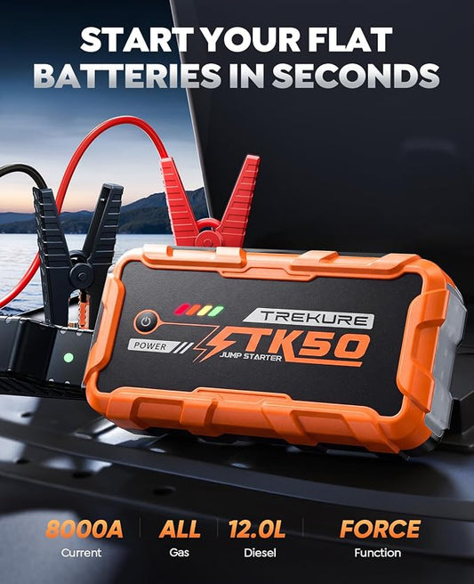 TREKURE Portable Car Jump Starter 8000A 26800mAh, Car Battery Jump Starter for All Gas and 12L Diesel Engines, Battery Jumper, Portable Jump Box Car Battery with Fast Charge, LED Light - Orange